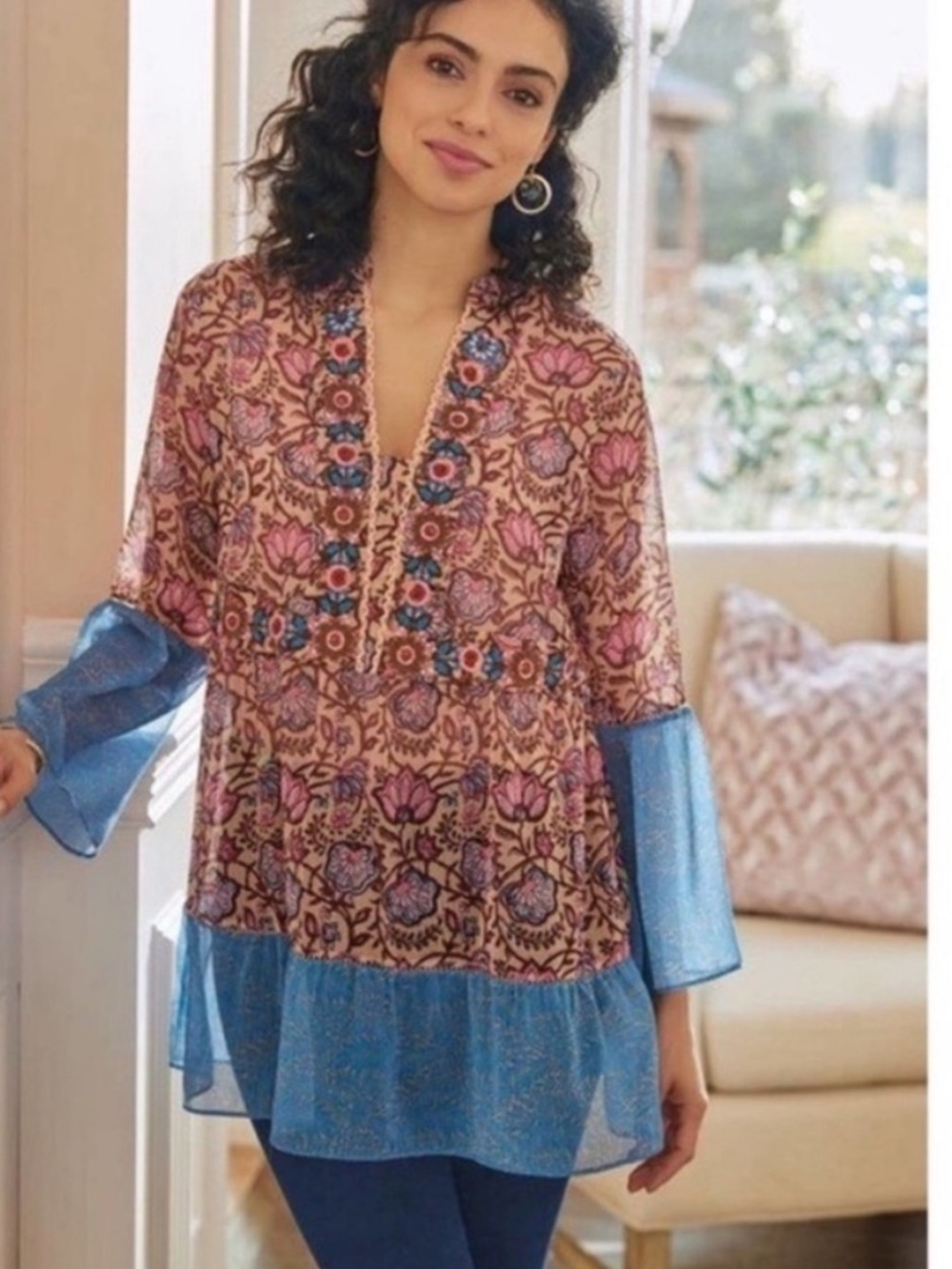 Soft Surroundings Pergola Embroidered Tunic Sheer Pink Blue Floral Womens M Boho